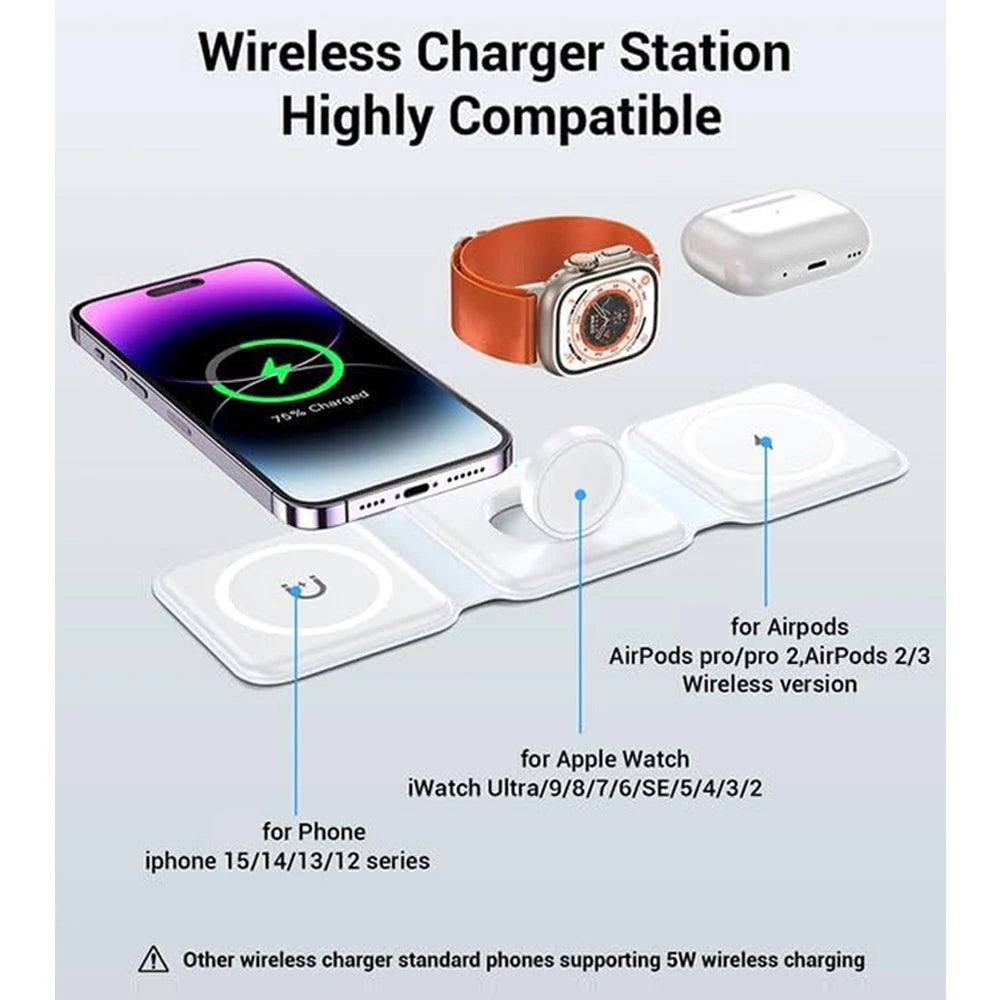 3 in 1 foldable wireless charger stand for iPhone | Airpods | Apple Watch | Android